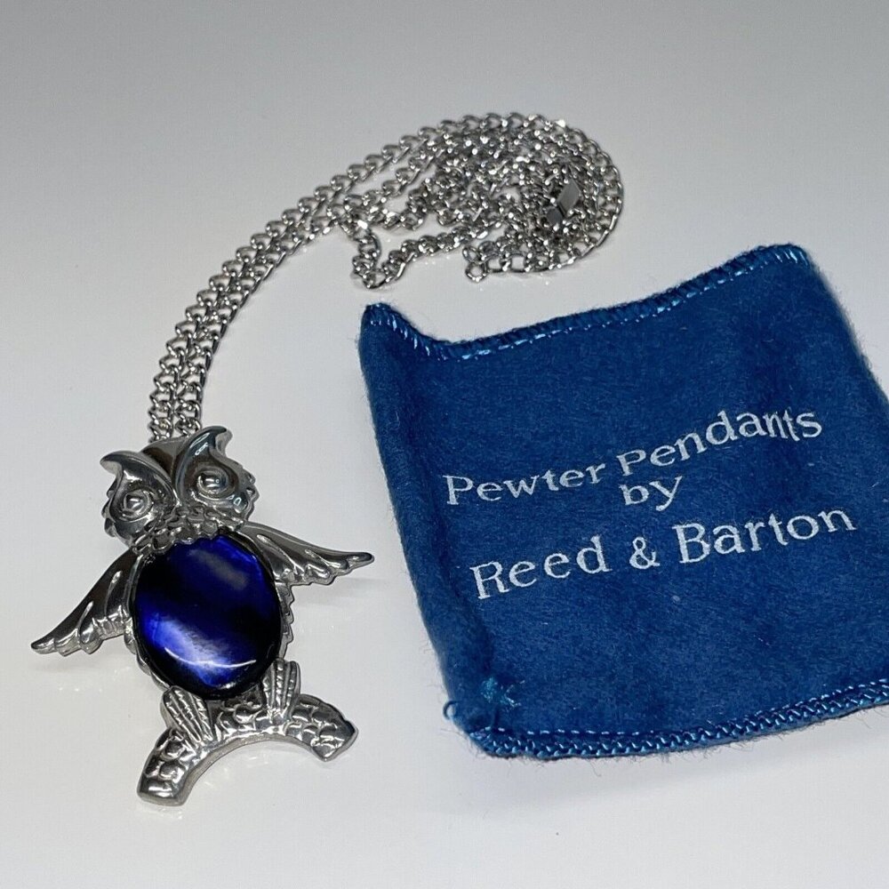 Reed and Barton Owl Pendant Necklace Blue Swirl Jelly Belly Pewter Bird Boxed N8